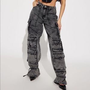 ANKLE TIE CARGO JEANS - Black wash denim